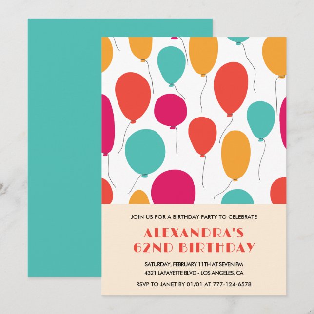 62nd birthday invitations Balloons Colourful (Front/Back)