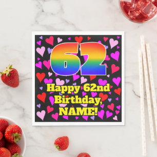 62nd Birthday: Loving Hearts Pattern, Rainbow # 62 Napkin