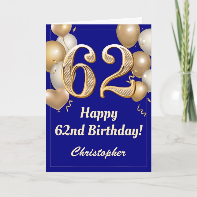 62nd Birthday Navy Blue and Gold Balloons Confetti Card (Front)