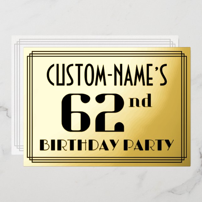 62nd Birthday Party: Art Deco Look “62” and Name (Front/Back)