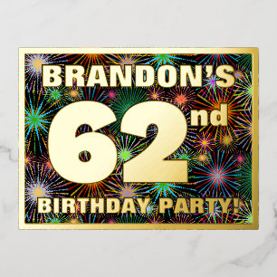 62nd Birthday Party: Bold, Colourful Fireworks Loo Foil Invitation Postcard