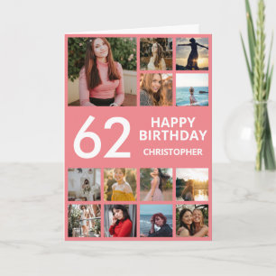 62nd Birthday Photo Collage 13 Photos Pink & White Card
