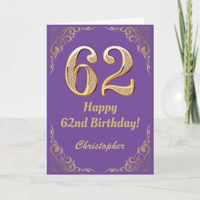 62nd Birthday Purple and Gold Glitter Frame Card (Front)