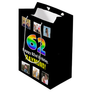 62nd Birthday: Rainbow “62“, Custom Photos & Name Medium Gift Bag