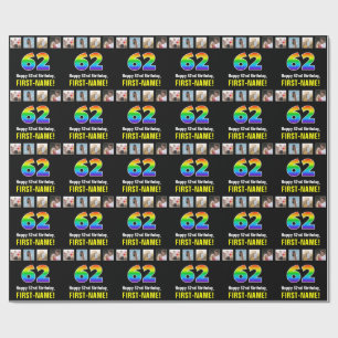 62nd Birthday: Rainbow “62“; Custom Photos & Name Wrapping Paper