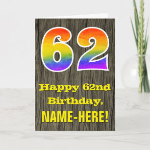 62nd Birthday: Rustic Faux Wood Look, Rainbow "62" Card