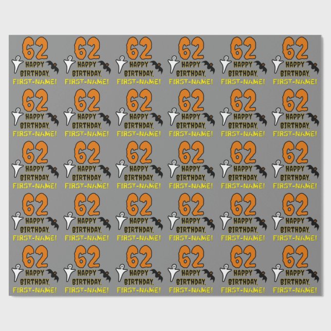 62nd Birthday: Spooky Halloween Theme, Custom Name Wrapping Paper (Flat)