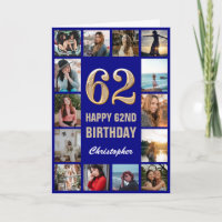62nd Happy Birthday Navy Blue & Gold Photo Collage