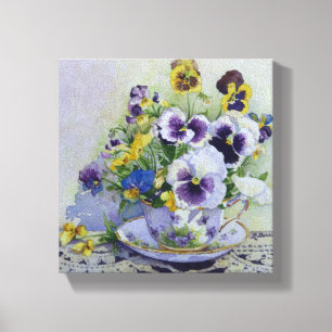 6300 Pansies in Teacup Wrapped Canvas Print