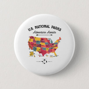 63 National Parks Map Us Park Retro Vintage Campin 2 Inch Round Button