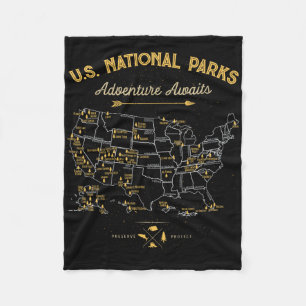 63 National Parks Map Us Park Retro Vintage Campin Fleece Blanket