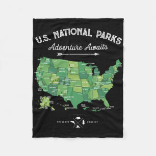 63 National Parks Map Us Park Retro Vintage Campin Fleece Blanket