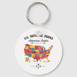 63 National Parks Map Us Park Retro Vintage Campin Keychain