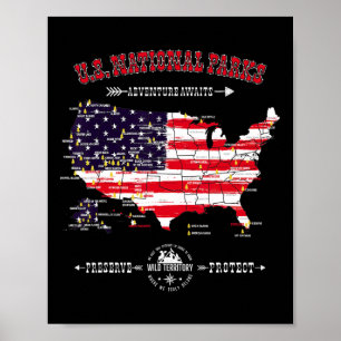 63 National Parks Map - Vintage American Flag Hiki Poster
