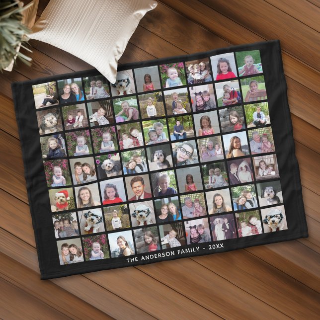 63 Square Photo Collage Grid with Text - black Fleece Blanket (Personalized fleece blanket with 63 photos and custom text)