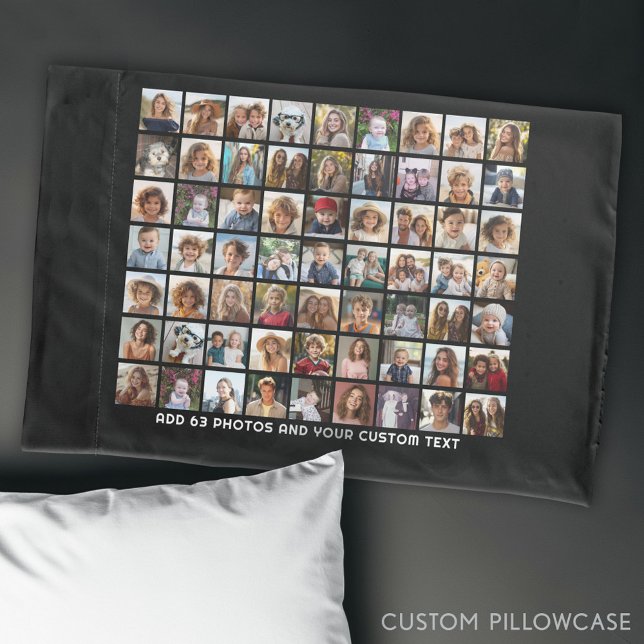 63 Square Photo Collage Grid with Text - black Pillowcase (Custom Photo Collage Pillowcase)