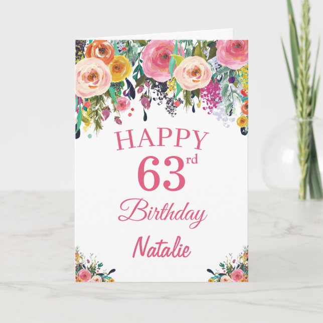 63e anniversaire aquarelle Floral Flowers Carte ro (Devant)