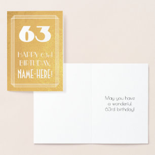 63rd Birthday ~ Art Deco Style "63" & Custom Name Foil Card