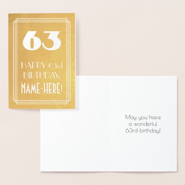 63rd Birthday ~ Art Deco Style "63" & Custom Name Foil Card (Display)