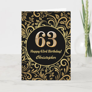 63rd Birthday Black and Gold Floral Pattern Card