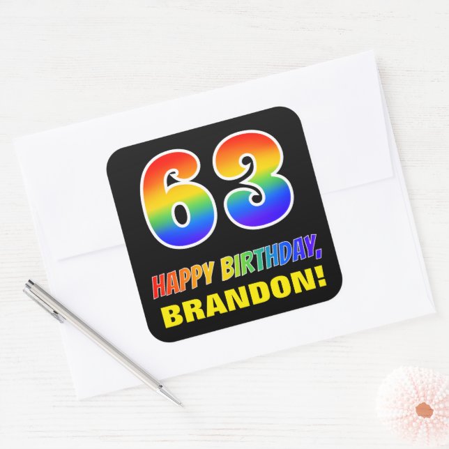 63rd Birthday: Bold, Fun, Simple, Rainbow 63 Square Sticker (Envelope)