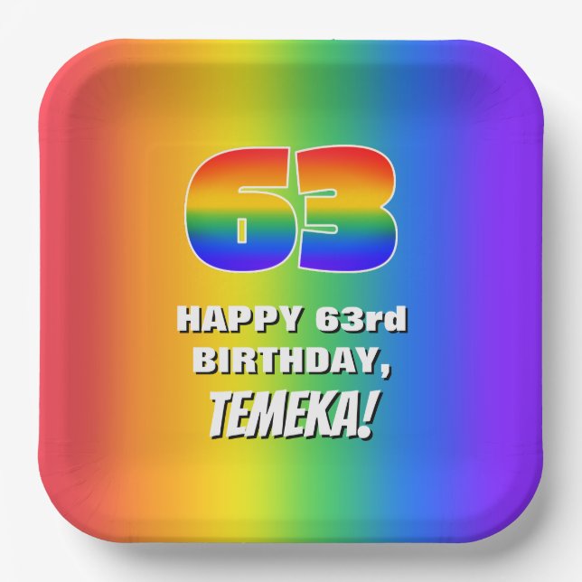 63rd Birthday: Colourful, Fun Rainbow Pattern # 63 Paper Plate (Front)