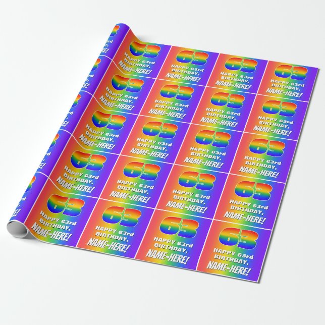 63rd Birthday: Colourful, Fun Rainbow Pattern # 63 Wrapping Paper (Unrolled)