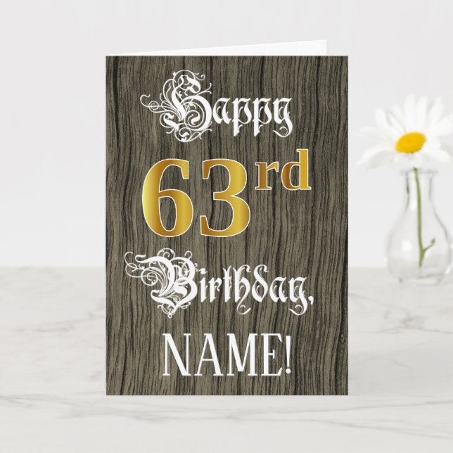 63rd Birthday: Faux Gold Look + Faux Wood Pattern Card (Small Plant)