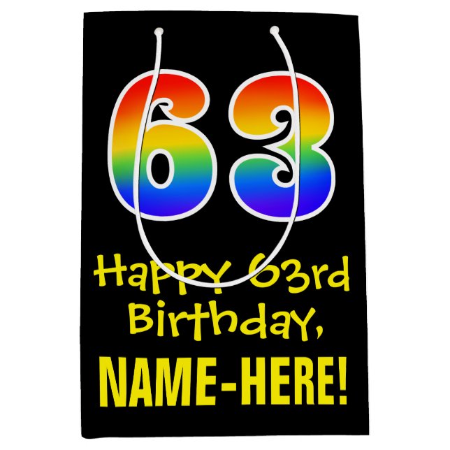 63rd Birthday: Fun, Bold, Colourful, Rainbow "63" Medium Gift Bag (Front)