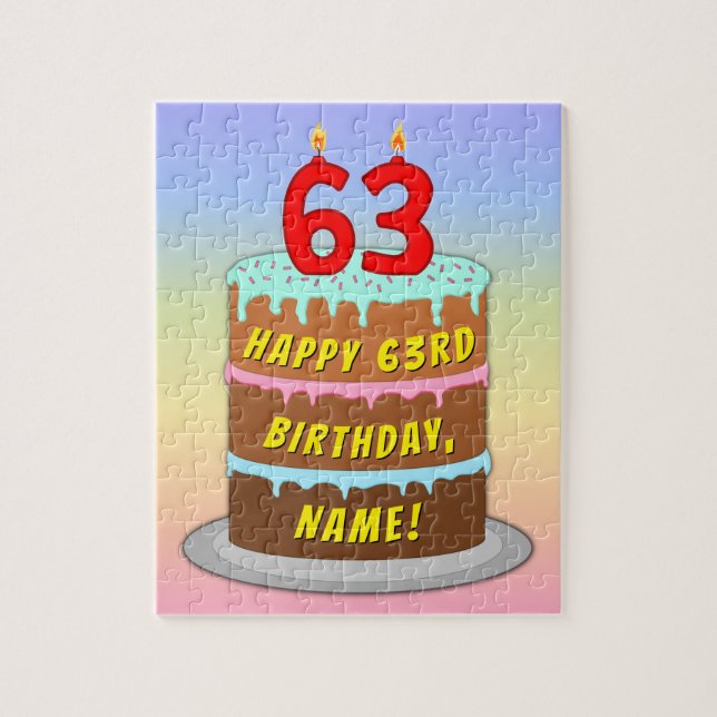 63rd Birthday: Fun Cake and Candles + Custom Name Jigsaw Puzzle (Vertical)