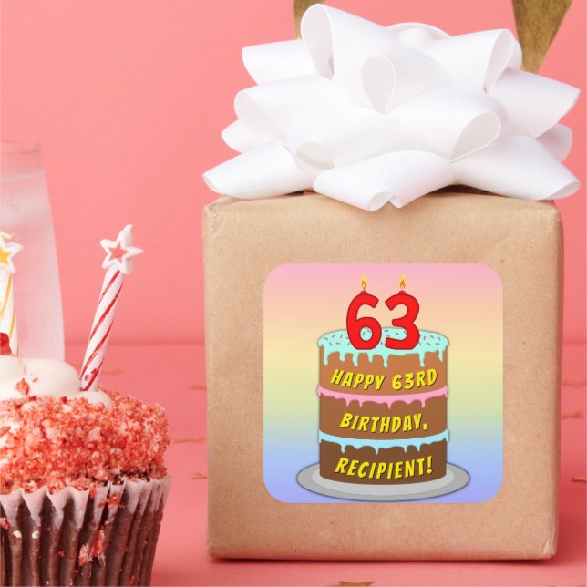 63rd Birthday: Fun Cake and Candles + Custom Name Square Sticker (Party)