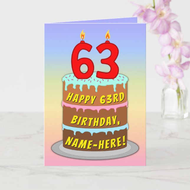 63rd Birthday — Fun Cake & Candles, w/ Custom Name Card (Orchid)