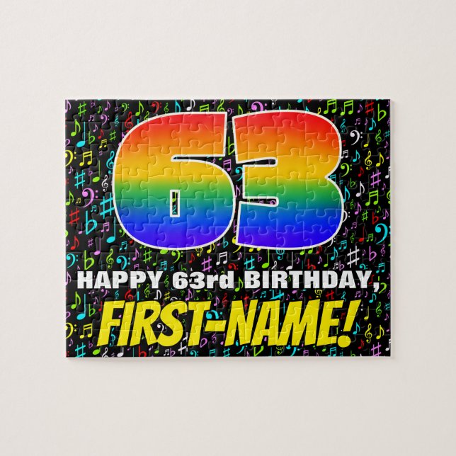 63rd Birthday — Fun, Colourful Music Symbols & “63 Jigsaw Puzzle (Horizontal)