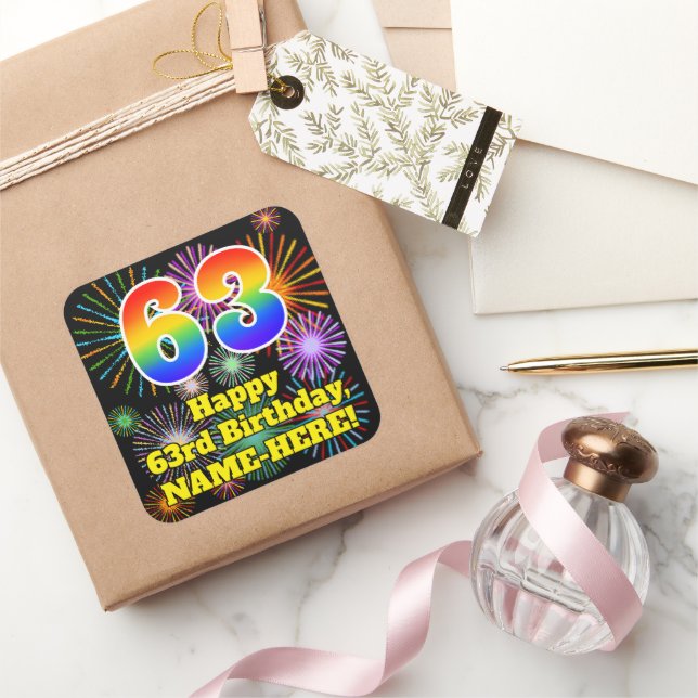 63rd Birthday: Fun Fireworks Look, Rainbow # 63 Square Sticker (Gifting)