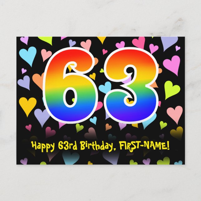 63rd Birthday: Fun Hearts Pattern, Rainbow 63 Postcard (Front)