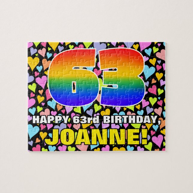63rd Birthday — Fun, Loving Heart Shapes + “63” Jigsaw Puzzle (Horizontal)