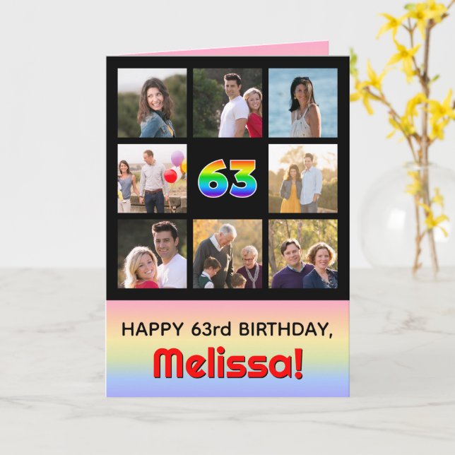 63rd Birthday: Fun Rainbow #, Custom Photos + Name Card (Yellow Flower)