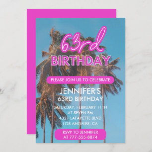 63rd birthday invitation Summer Pink Palm tree