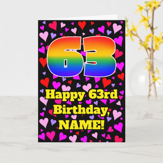 63rd Birthday: Loving Hearts Pattern, Rainbow # 63 Card (Yellow Flower)