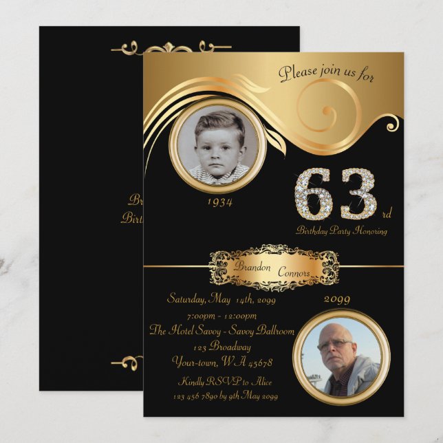 63rd,Birthday Man 63rd,elegant art deco,black gold Invitation (Front/Back)