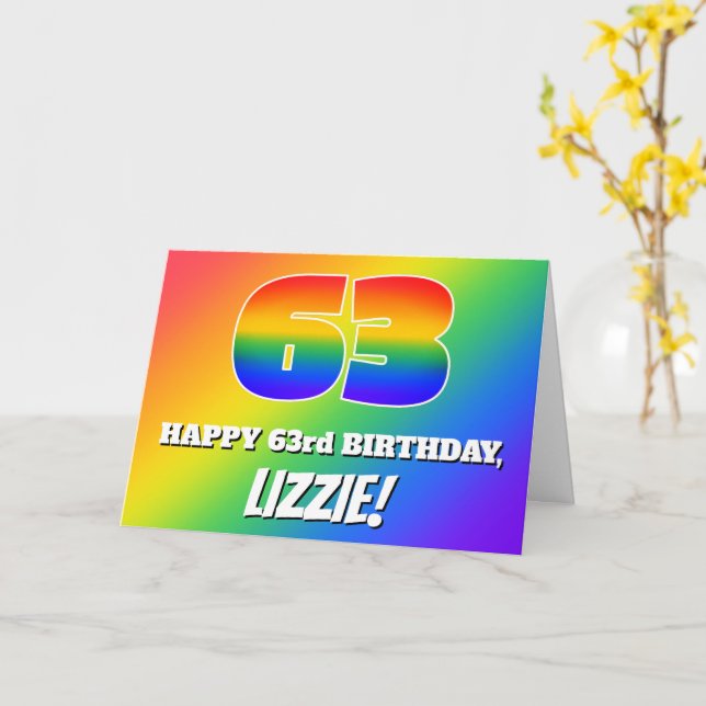 63rd Birthday: Multicolored Rainbow Pattern # 63 Card (Yellow Flower)