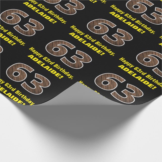 63rd Birthday: Name & Faux Wood Grain Pattern "63" Wrapping Paper (Corner)