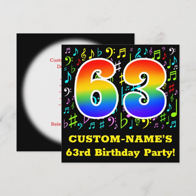 63rd Birthday Party: Fun Music Symbols, Rainbow 63 Invitation (Front/Back)