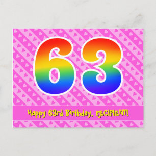 63rd Birthday: Pink Stripes & Hearts, Rainbow 63 Postcard