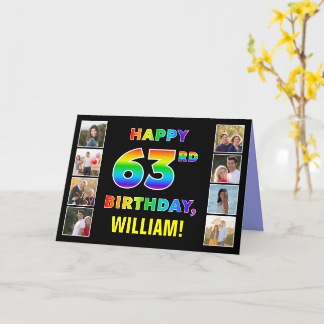 63rd Birthday: Rainbow Text, Custom Photos & Name Card (Yellow Flower)