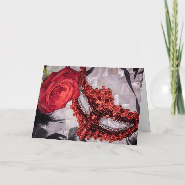 6439-Red Rose with Red Masquerade Mask Card (Front)