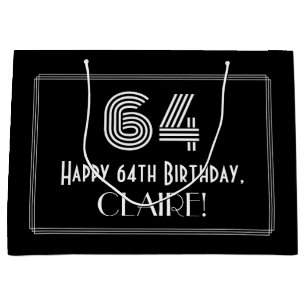 64th Birthday — Art Deco Inspired Look "64" & Name Large Gift Bag