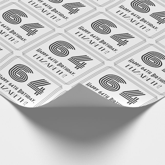 64th Birthday: Art Deco Inspired Style "64" + Name Wrapping Paper (Corner)