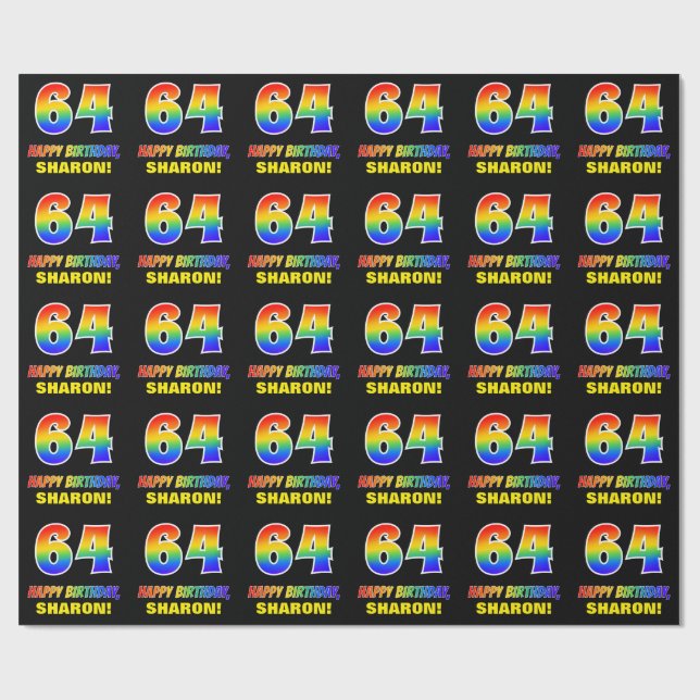 64th Birthday: Bold, Fun, Simple, Rainbow 64 Wrapping Paper (Flat)