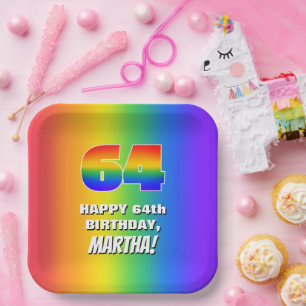64th Birthday: Colourful, Fun Rainbow Pattern # 64 Paper Plate